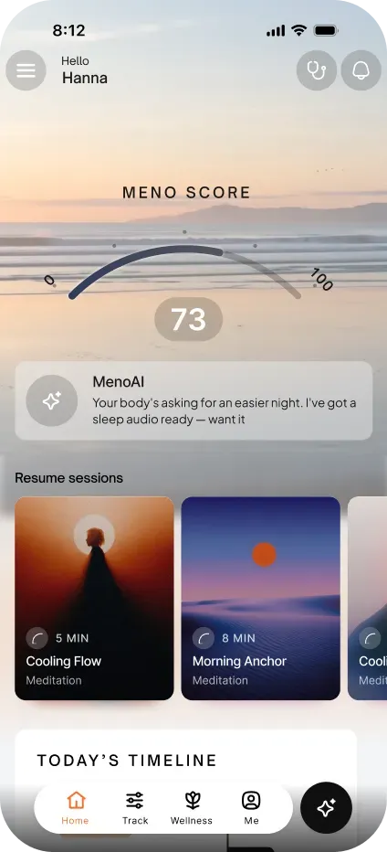 The MenoHealth app showing a daily MenoScore and timeline