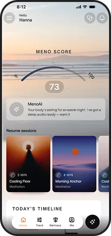 The MenoHealth app showing a daily MenoScore and timeline