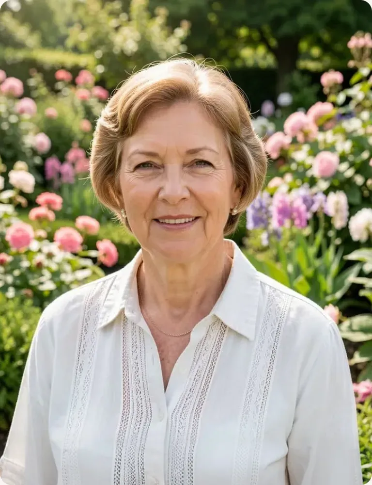 A woman standing in a flowering garden